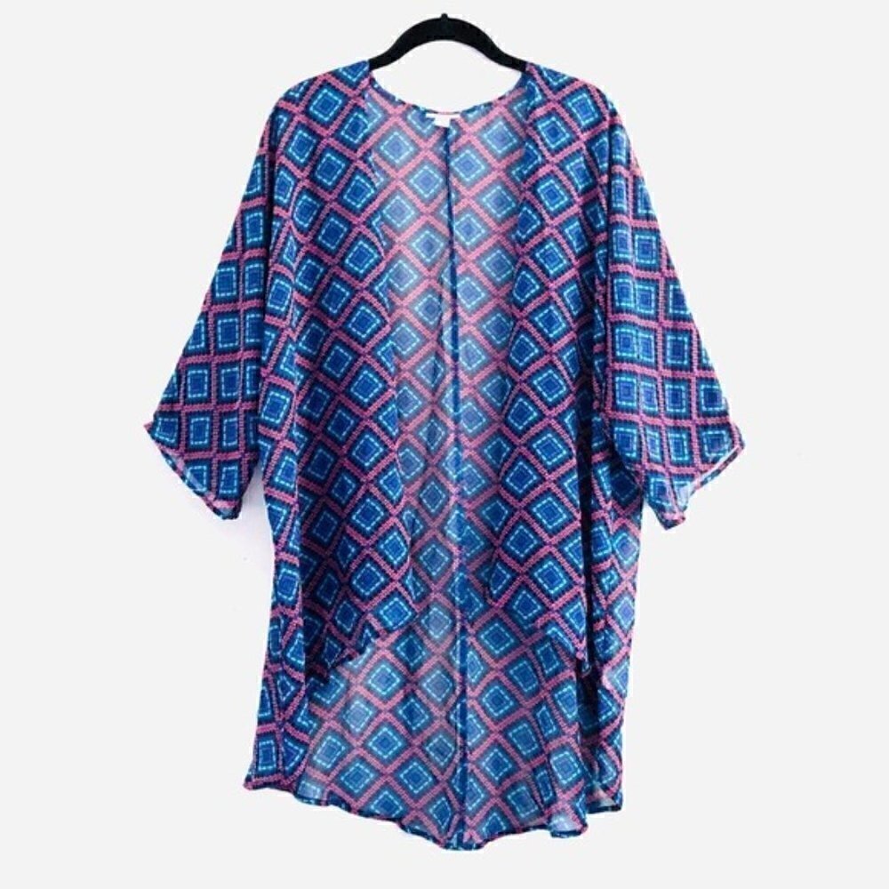 LuLaRoe Kimono M Sheer Geometric Flowy Spring Layer Colorful Blue Pink Green